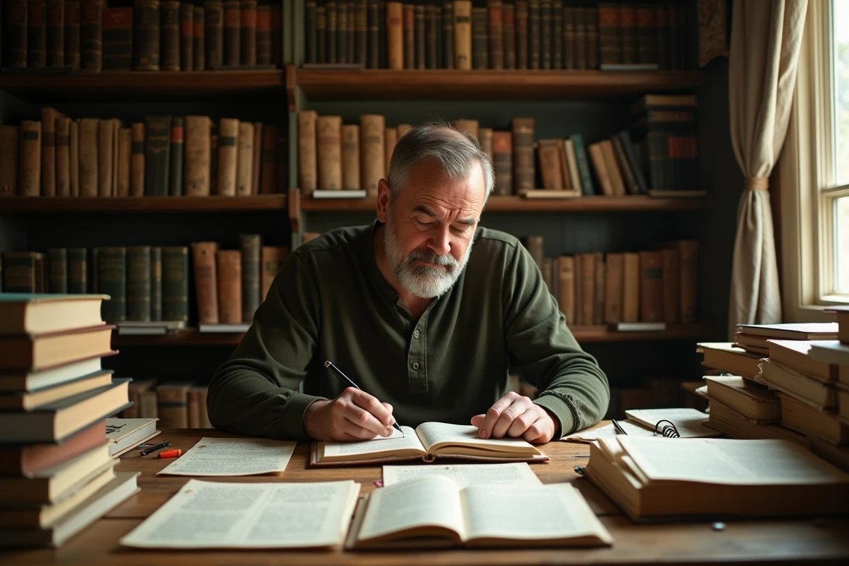 Homme chercheur entouré de dictionnaires et de traductions de mantras dans une bibliothèque personnelle chaleureuse