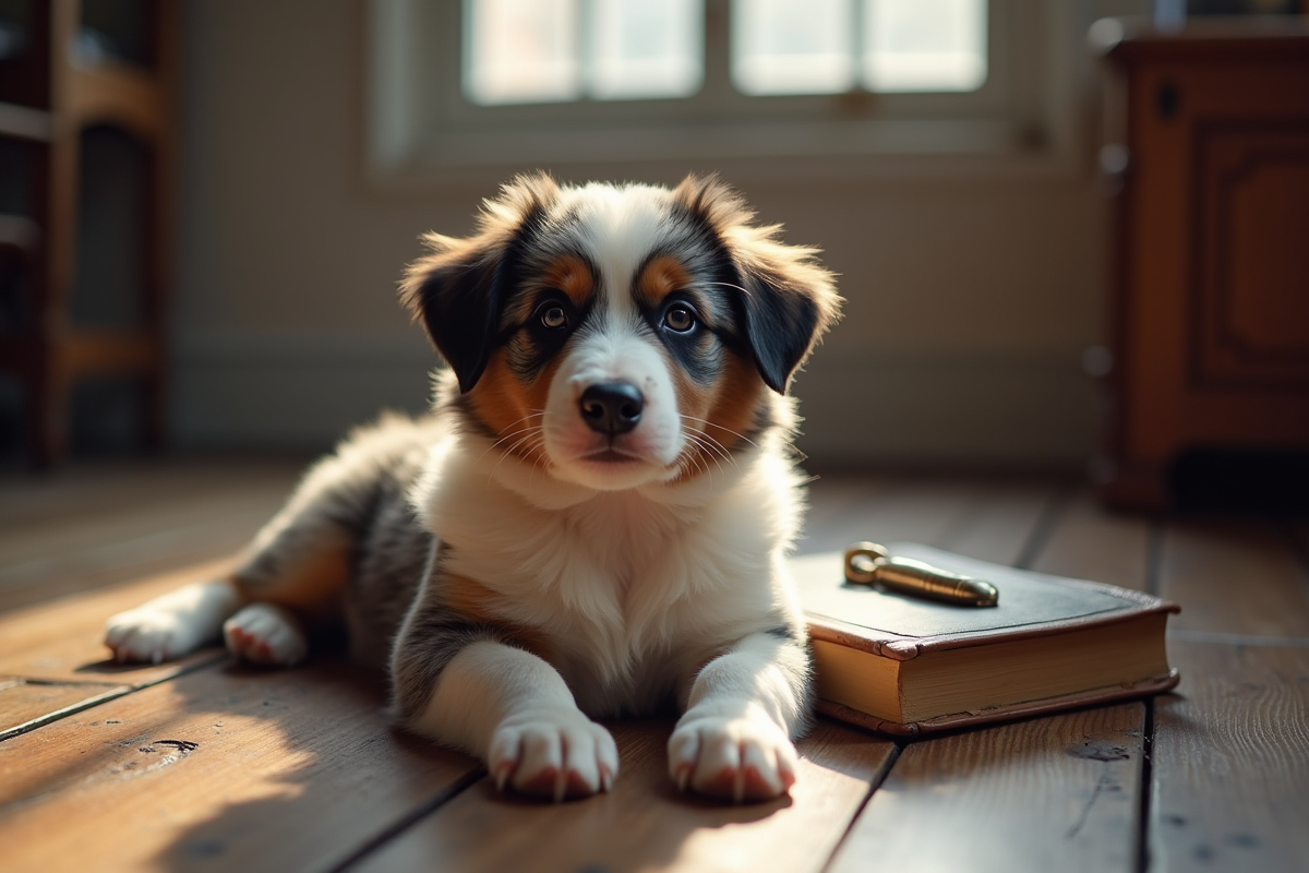 Chiot berger australien tricolore reposant à l intérieur