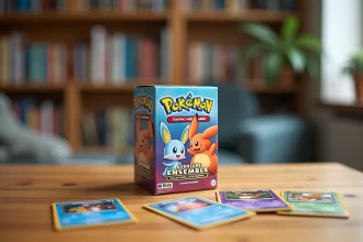 Coffret ETB Aventure Ensemble du JCC Pokémon posé sur une table en bois entouré de cartes Pokémon colorées