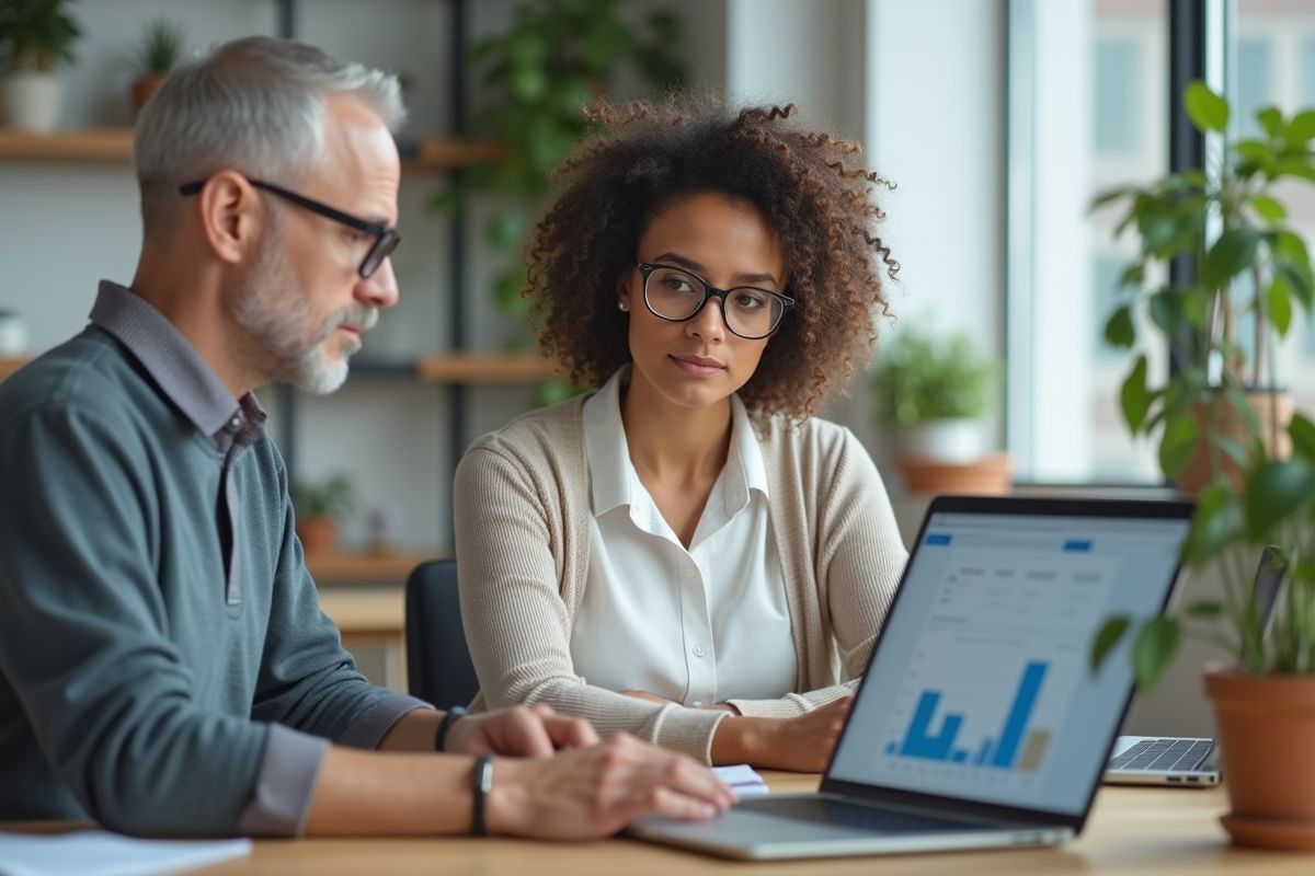 Femme professionnelle consultant un tableau financier numérique