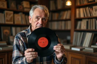 Collectionneur examinant attentivement un 78 tours vinyle rare dans une boutique de disques vintage