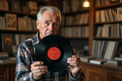 Collectionneur examinant attentivement un 78 tours vinyle rare dans une boutique de disques vintage