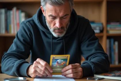 Collectionneur examinant une carte Pokémon rare holographique à son bureau pour évaluer sa valeur avant négociation