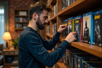 Collectionneur arrangeant des films Batman en ordre chronologique sur une étagère