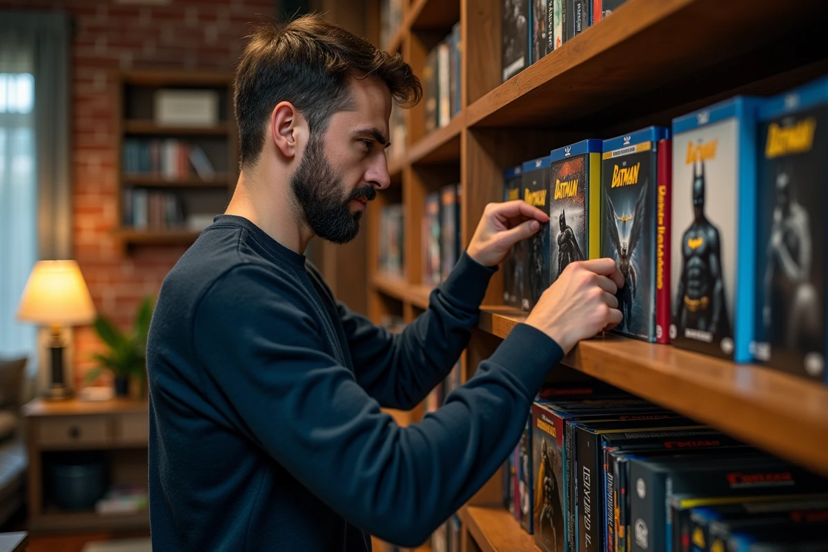 Collectionneur arrangeant des films Batman en ordre chronologique sur une étagère