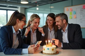 Collègues de bureau riant ensemble devant un smiley anniversaire rigolo sur smartphone au bureau