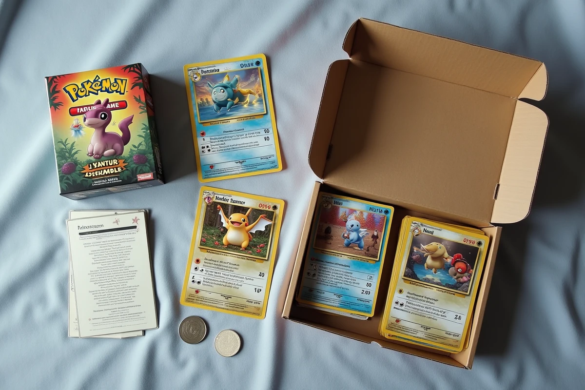 Vue aérienne du contenu déballé du coffret ETB Aventure Ensemble Pokémon avec cartes, jetons et livret de règles