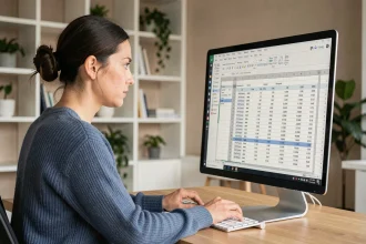 Femme utilisant Google Sheets sur un grand écran pour convertir des kilogrammes en tonnes avec des formules Excel