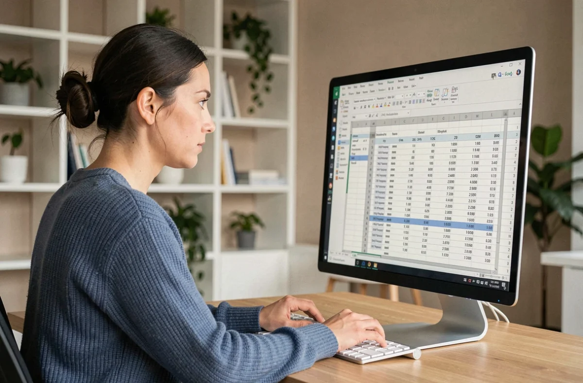 Femme utilisant Google Sheets sur un grand écran pour convertir des kilogrammes en tonnes avec des formules Excel