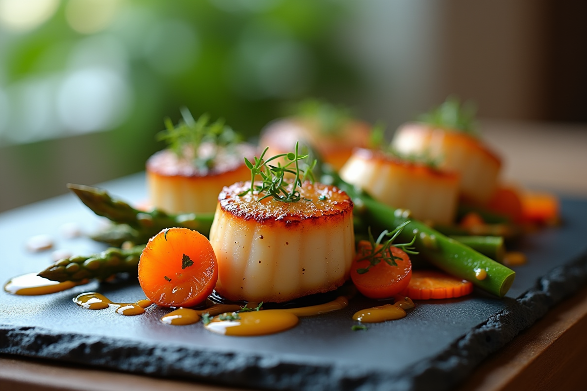 Coquilles Saint-Jacques avec légumes colorés et sauce aux herbes