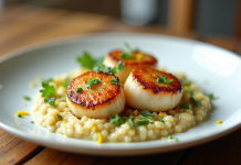 Coquilles Saint-Jacques dorées sur risotto crémeux aux poireaux