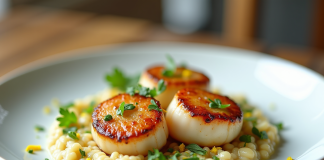 Coquilles Saint-Jacques dorées sur risotto crémeux aux poireaux