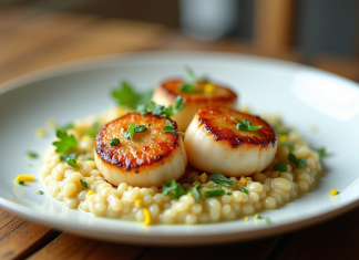 Coquilles Saint-Jacques dorées sur risotto crémeux aux poireaux