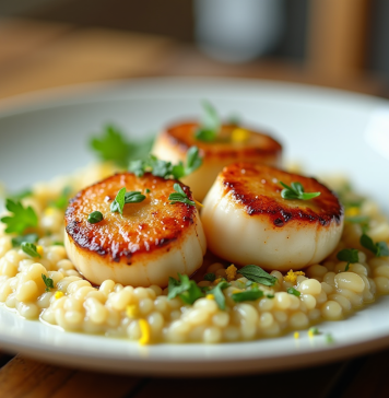 Coquilles Saint-Jacques dorées sur risotto crémeux aux poireaux