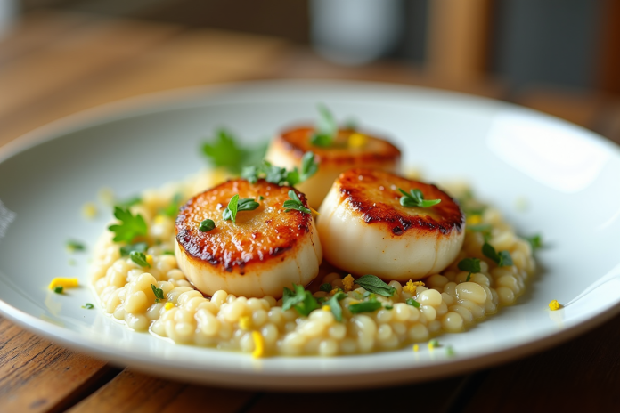 coquilles-st-jacques-cremeux-risotto Coquilles Saint-Jacques dorées sur risotto crémeux aux poireaux