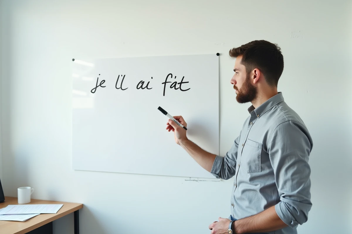 Homme écrivant la correction orthographique je l'ai fait sur un tableau blanc lors d'une session de tutorat de français