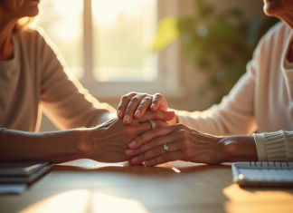 Signification et rituels des noces de diamant Couple agee tenant la main avec bague diamant en lumiere naturelle