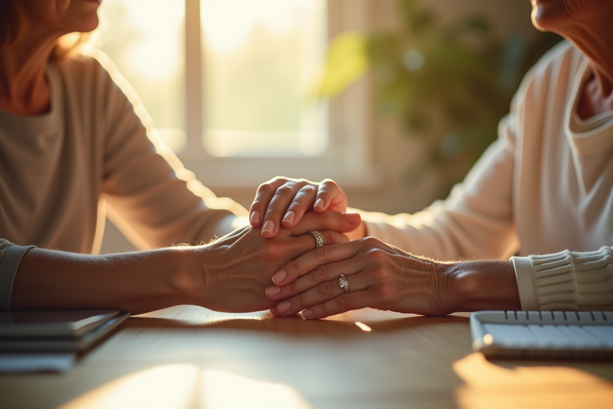 Couple agee tenant la main avec bague diamant en lumiere naturelle