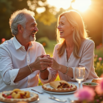 Couple souriant dans un jardin pour leur 16 ans de mariage