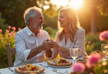 Couple souriant dans un jardin pour leur 16 ans de mariage