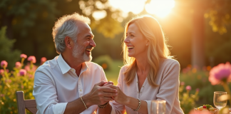 Couple souriant dans un jardin pour leur 16 ans de mariage