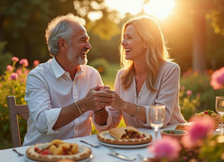 Couple souriant dans un jardin pour leur 16 ans de mariage
