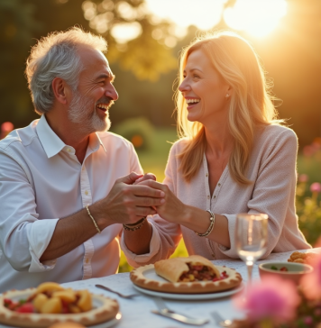 Couple souriant dans un jardin pour leur 16 ans de mariage
