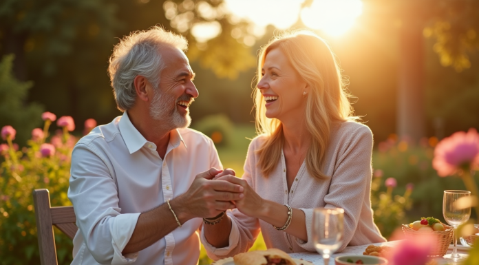 Couple souriant dans un jardin pour leur 16 ans de mariage