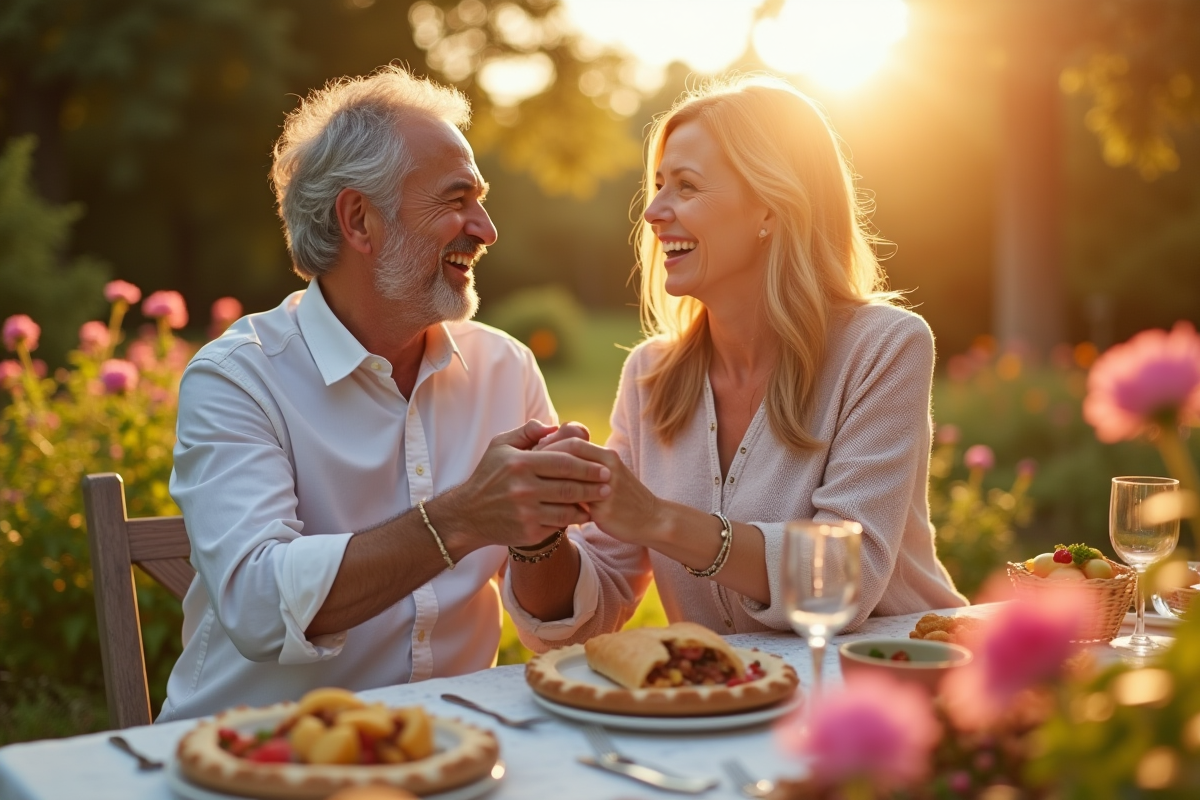Couple souriant dans un jardin pour leur 16 ans de mariage