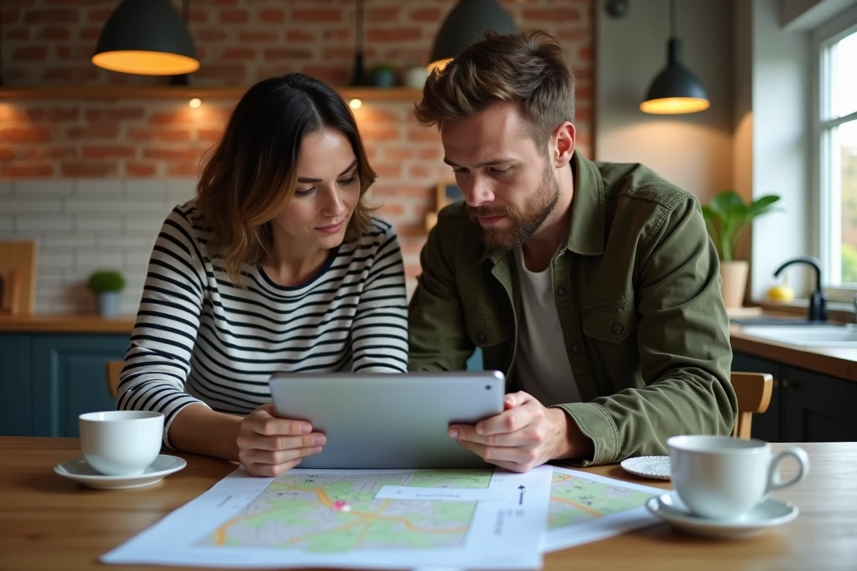 Couple consultant des documents cadastraux et le site Géoportail sur tablette pour préparer une demande de permis de construire