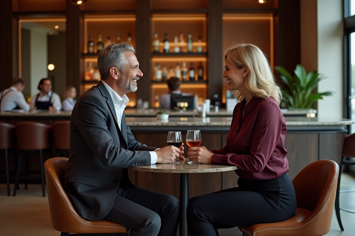 Couple élégant lors d'un premier rendez-vous organisé via Eliterencontre dans le bar d'un hôtel de luxe