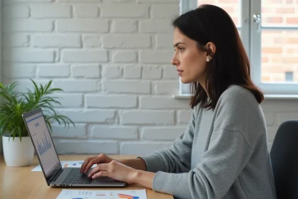Créatrice de contenu évaluant les options entre plateformes officielles et alternatives sur son ordinateur portable