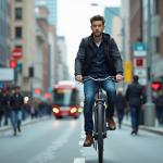 Mobilités : Comment définir les enjeux et les perspectives actuelles ? Jeune homme à vélo dans une ville moderne et animée
