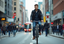 Jeune homme à vélo dans une ville moderne et animée
