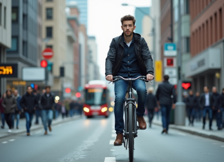 Jeune homme à vélo dans une ville moderne et animée
