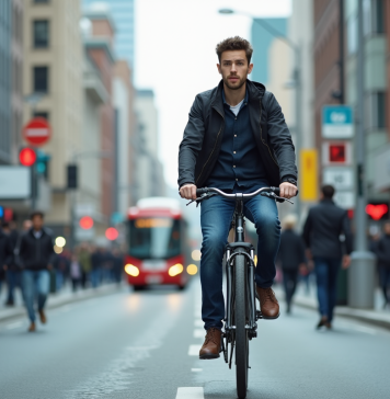 Mobilités : Comment définir les enjeux et les perspectives actuelles ? Jeune homme à vélo dans une ville moderne et animée