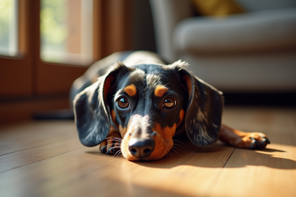 Dachshund merle allongé sur un sol en bois intérieur