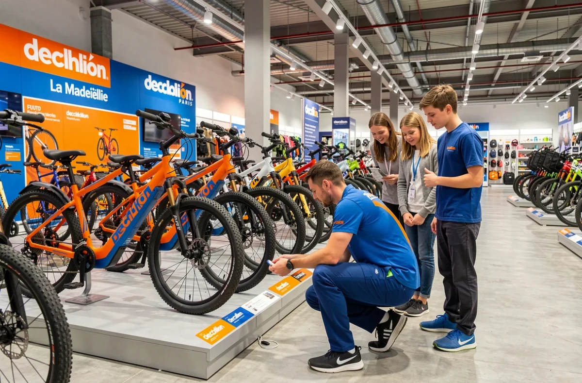 Rayon vélos électriques du Decathlon Paris La Madeleine, avec un employé en uniforme bleu assistant une famille devant des vélos exposés