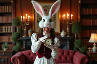 Jeune femme déguisée en lapin blanc d'Alice au Pays des Merveilles avec gilet en velours et montre à gousset vintage dans un salon décoré pour une soirée à thème