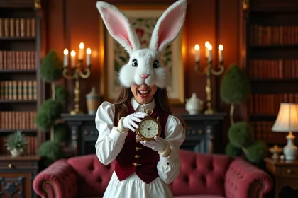 Jeune femme déguisée en lapin blanc d'Alice au Pays des Merveilles avec gilet en velours et montre à gousset vintage dans un salon décoré pour une soirée à thème
