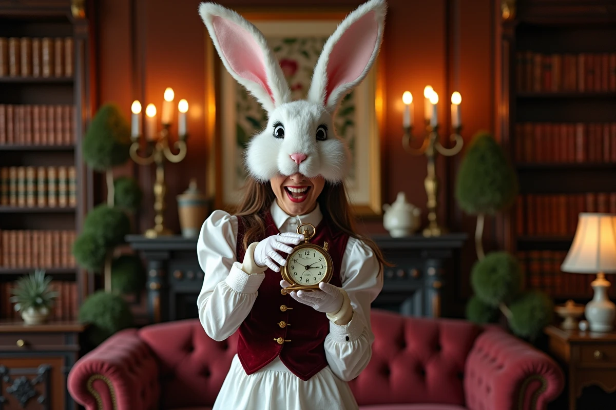 Jeune femme déguisée en lapin blanc d'Alice au Pays des Merveilles avec gilet en velours et montre à gousset vintage dans un salon décoré pour une soirée à thème