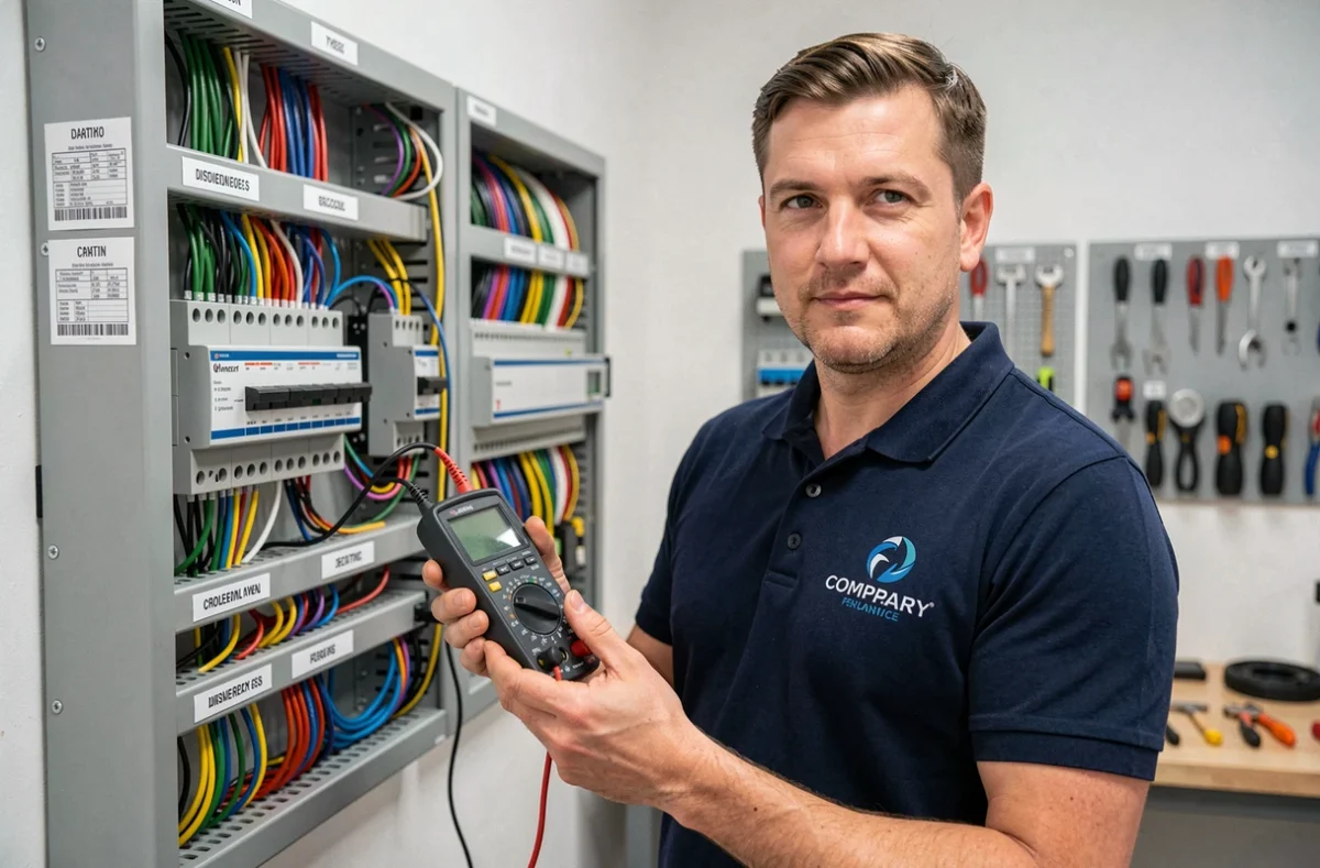 Technicien électricien de DELEC SYSTEMES devant un tableau de distribution électrique professionnel dans le Calvados