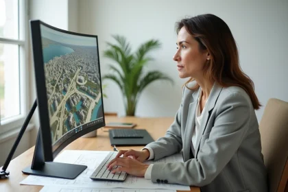 Femme consultant le portail Géoportail sur un écran d'ordinateur pour des démarches d'urbanisme en ligne depuis son bureau à domicile