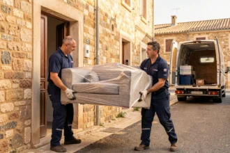 Deux déménageurs professionnels portant un canapé emballé devant une maison en pierre typique de l'Aude