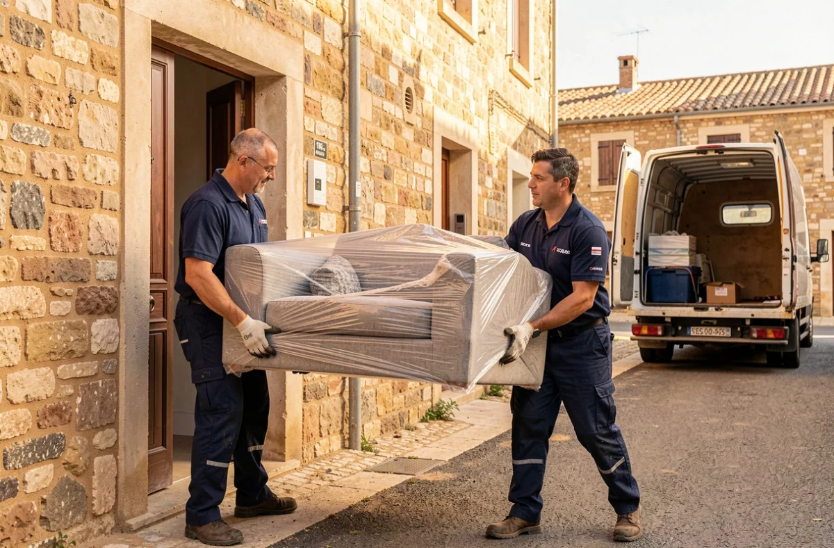 Deux déménageurs professionnels portant un canapé emballé devant une maison en pierre typique de l'Aude
