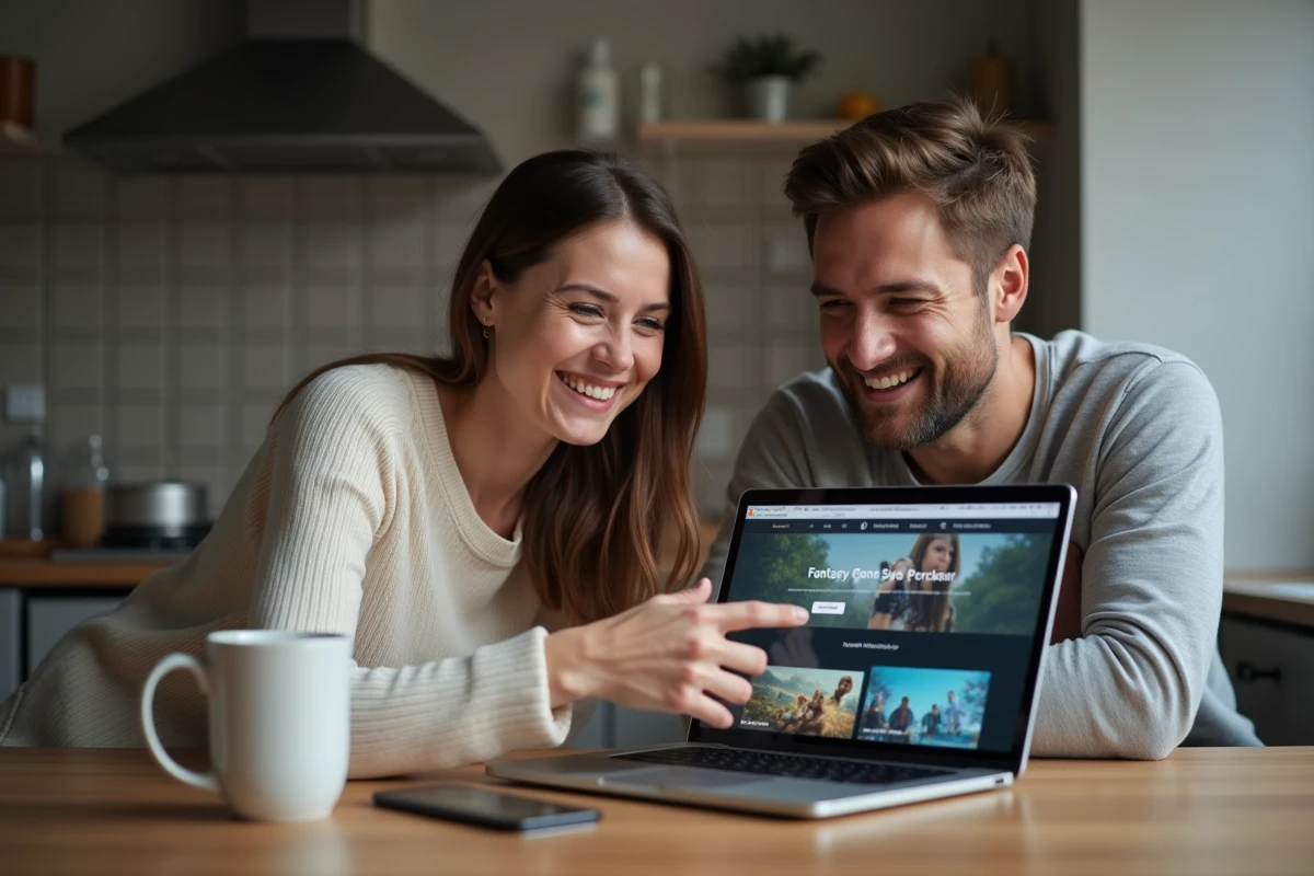 Deux joueurs adultes utilisant un site de suivi de portails sur un ordinateur portable dans une cuisine moderne