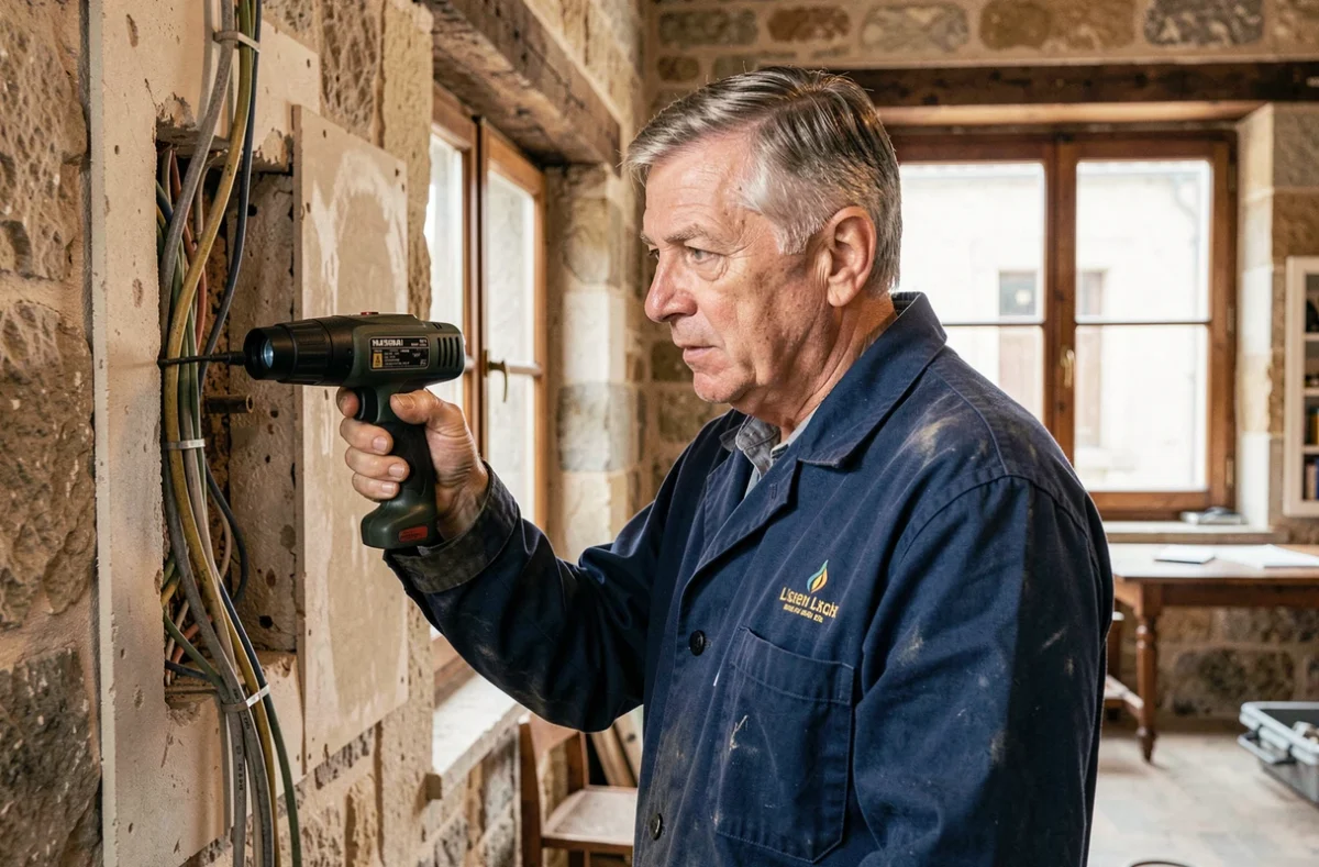 Électricien expérimenté de Dupont Électricité Lisieux inspectant le câblage d'un bâtiment historique en pierre à Lisieux dans le Calvados
