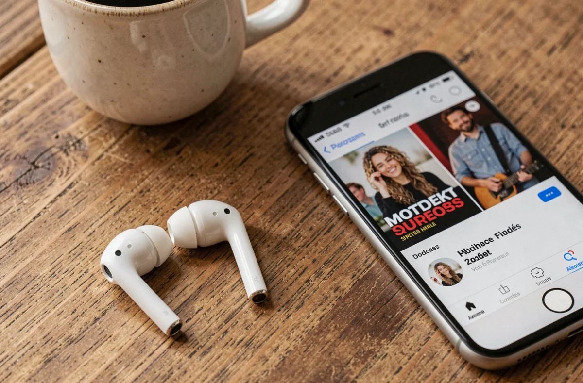 Écouteurs sans fil et smartphone affichant une interface de téléchargement de podcast Les Grosses Têtes sur une table en bois