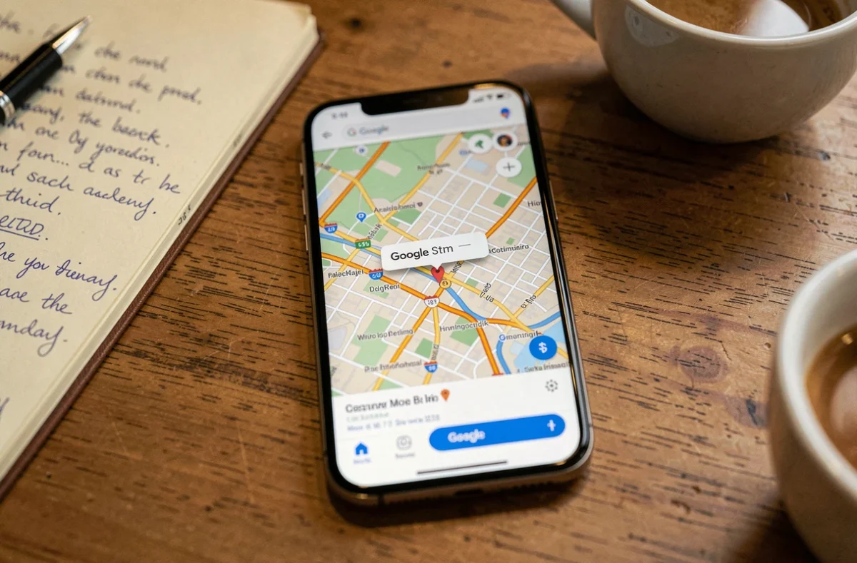 Écran de smartphone affichant Google Maps avec une adresse de rue absente posé sur une table de café