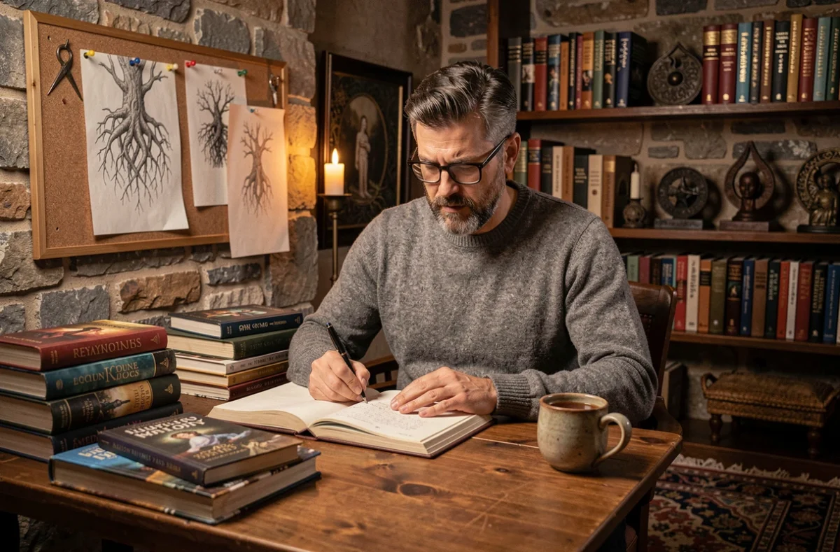 Écrivain prenant des notes sur la mythologie nordique et l'arbre Yggdrasil dans un bureau chargé d'atmosphère